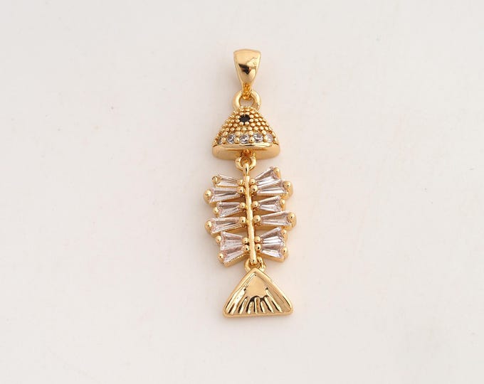 18K Gold Filled Fishbone Charm,Dainty Fishbone Pendant,CZ Fishbone Pendant ,DIY Jewelry Supplies,36.5x12x4.3mm