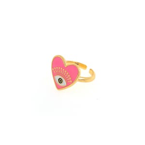 18K Gold Filled Enamel Eye Ring,Gold Open Ring,Adjustable Ring, Heart-Shaped Eye Ring,Eye Charm,Eye Ring, Everyday Thin Ring