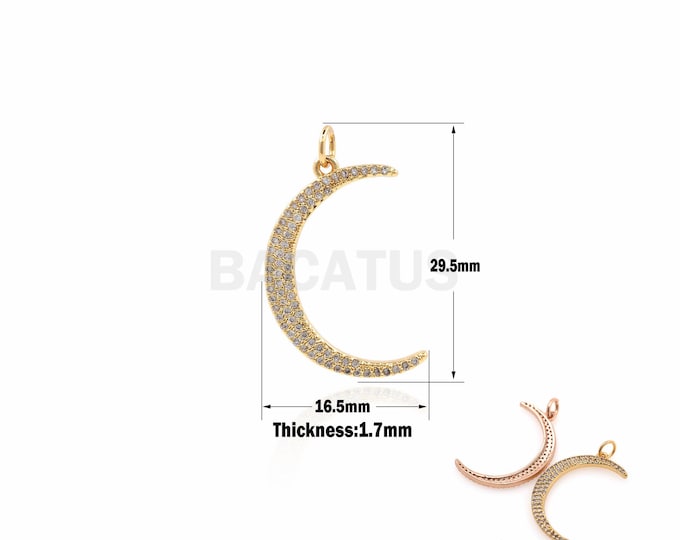 1PCS Micro Pave Moon Charms, Moon Pendant, CZ Moon Charm,Cubic Zirconia Moon 29.5x16.5x1.7mm