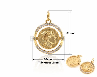 1PCS Round Pendant Coin Necklace Suitable for Bracelet Necklace Jewelry Round Articles Disc Charm 18K Gold Filled Cubic Zirconia 21x16x2mm