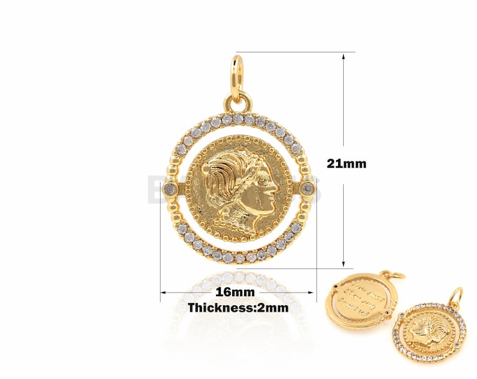 1PCS Round Pendant Coin Necklace Suitable for Bracelet Necklace Jewelry Round Articles Disc Charm 18K Gold Filled Cubic Zirconia 21x16x2mm