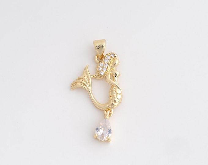 18K Gold Filled Mermaid Charm, Micropavé CZ Mermaid Pendant,Mermaid Necklace Charm, DIY Jewelry Supplies, 33.8x11.5x3.7mm