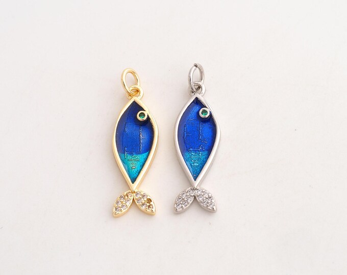 18K Gold Filled Fish Charm,Dainty Enamel Marine Life Pendant,CZ Fish Pendant ,DIY Jewelry Supplies,28.3x8.3x2.3mm