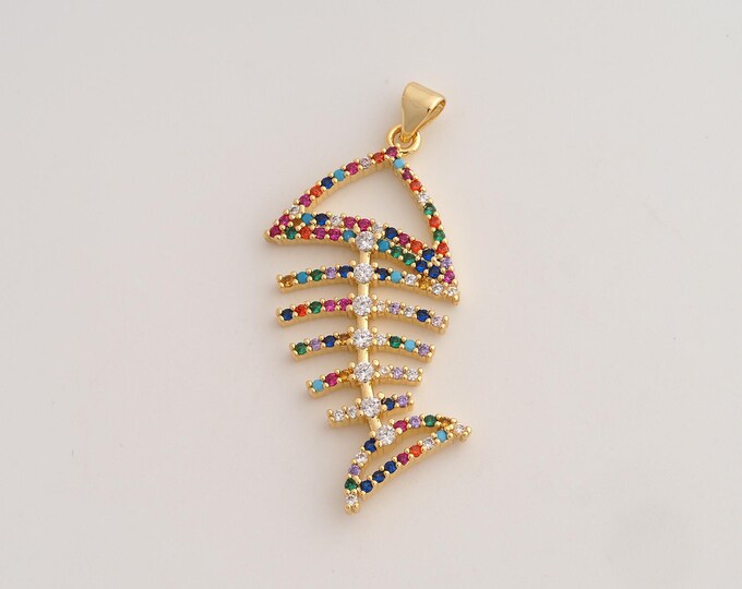 18K Gold Filled Fishbone Charm,Dainty Fishbone Pendant,CZ Fishbone Pendant ,DIY Jewelry Supplies,44.5x25.8x3mm