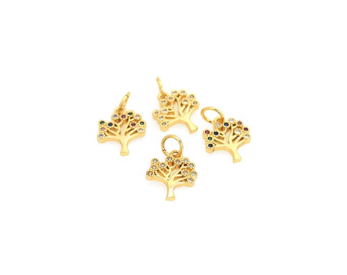 18K Gold Filled Tree of Life Pendant,Gold Dainty Tree Charms,CZ Tree  Charm Bracelet Necklace for DIY Jewelry Making Supply