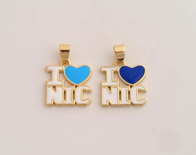 18K Gold Filled I Love NIC Charm,Dainty Enamel Nicaragua Pendant,Letter Pendant ,DIY Jewelry Supplies,23.5x16.4x2mm