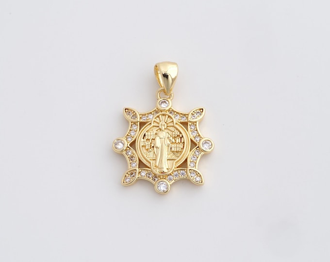 Gold Jesus Pendant,Round Charm, CZ Pendant,18K Gold Filled Religious Charm,Bracelet and Necklace Making Supplies 26.2x19x2.8mm