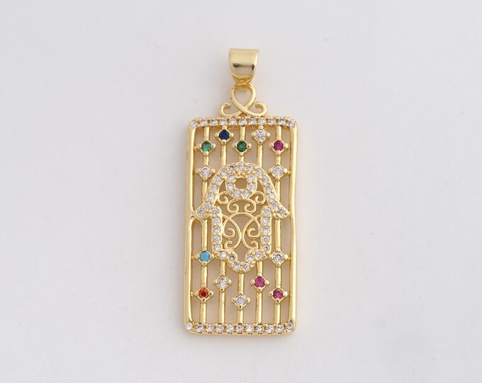 Hamsa Pendant,18K Gold Filled Hand Charms,Square Charm Bracelet Necklace for DIY Jewelry Making Supply,39.5x15x2.2mm