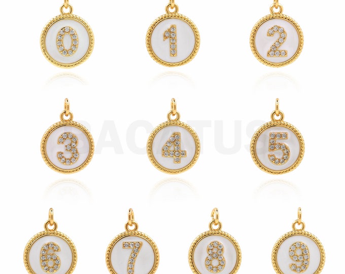 Micropavé CZ Round Pendant, 18K Gold Filled Number Charm, Number Necklace, Enamel Charm, DIY Jewelry Supplies, 16.5x12x2mm