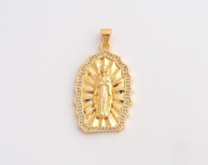 18K Gold Filled Virgin Mary Charm, Micropavé CZ Religious Pendant,Catholic Necklace Charm, DIY Jewelry Supplies, 39.7x19.6x4mm