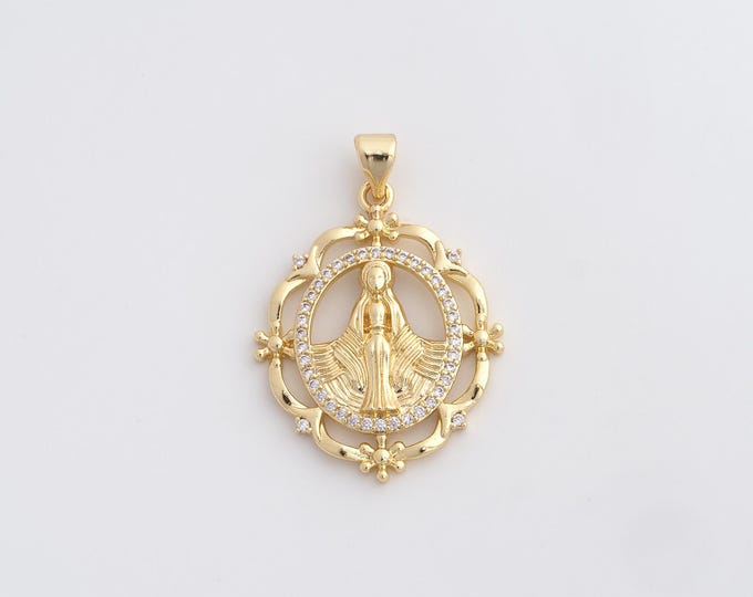 18K Gold Filled Virgin Charm, Religious Necklace, Micropavé CZ Our Lady Necklace, Maria Pendant, DIY Jewelry Supplies, 33.8x23x3.3mm