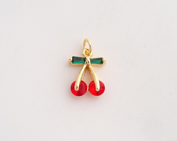 18K Gold Filled Cherry Charm,Dainty Fruit Pendant,CZ Cherry Pendant ,DIY Jewelry Supplies,18.6x11.5x4.3mm