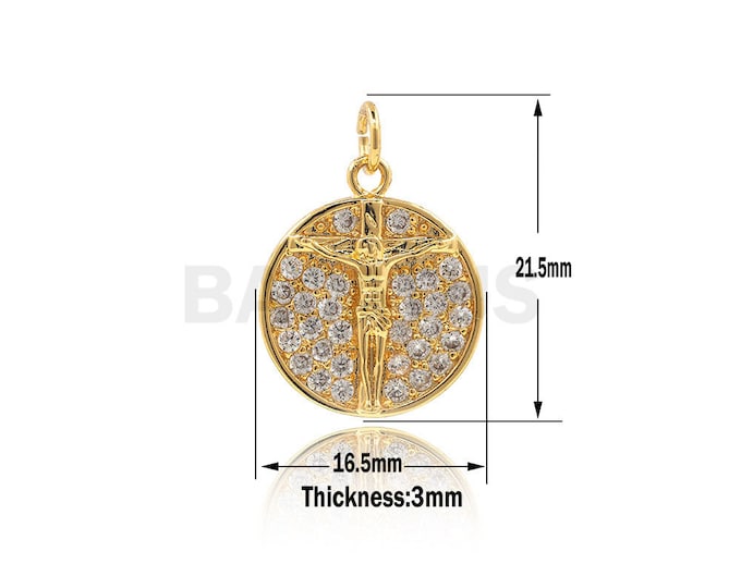 Jesus cross pendant, round charm, CZ pendant, religious charm, bracelet and necklace making supplies 21.5x16.5x3mm 1PCS