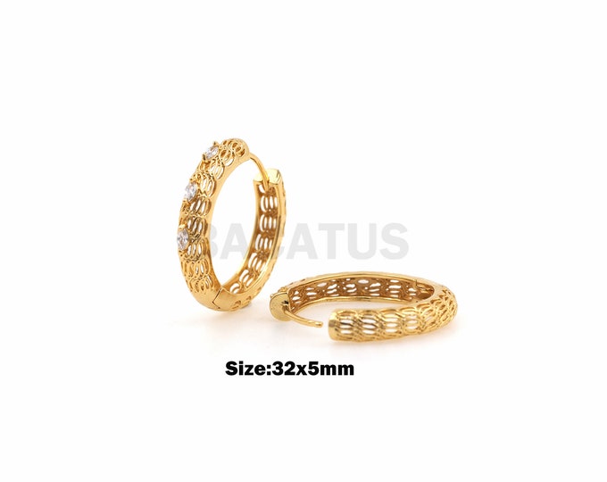 Round Mesh Earrings Micro-Pave Jewelry Creative Earrings for Women 18K Gold Filled Hollow Earrings Jewelry Supply 35x5mm 1 Pair