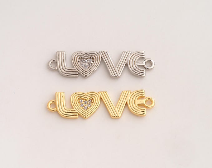 18K Gold Filled LOVE Connector,CZ Heart Connector,Letter Connector for Jewelry Making 30.7x8.2x1.5mm