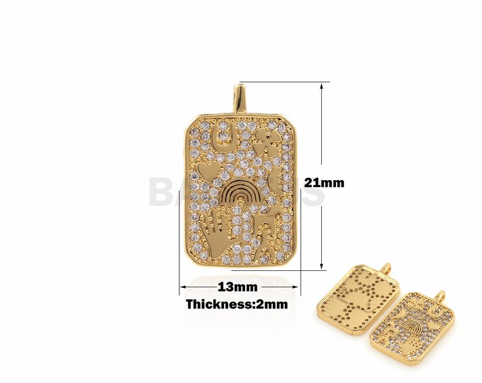 1PCS Rectangular Pendant Rainbow Jewelry Four-leaf Clover Charm Cubic Zirconia Love Moon Pattern 18K Gold Filling 21x13x2mm