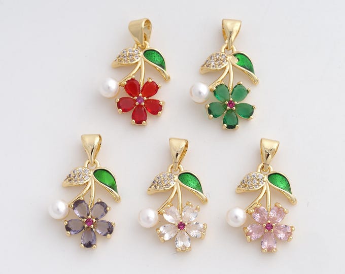 18K Gold Filled Cherry Charm, Micropavé CZ Fruit Pendant,Cherry Necklace Charm, DIY Jewelry Supplies, 22.3x13.6x5.2mm