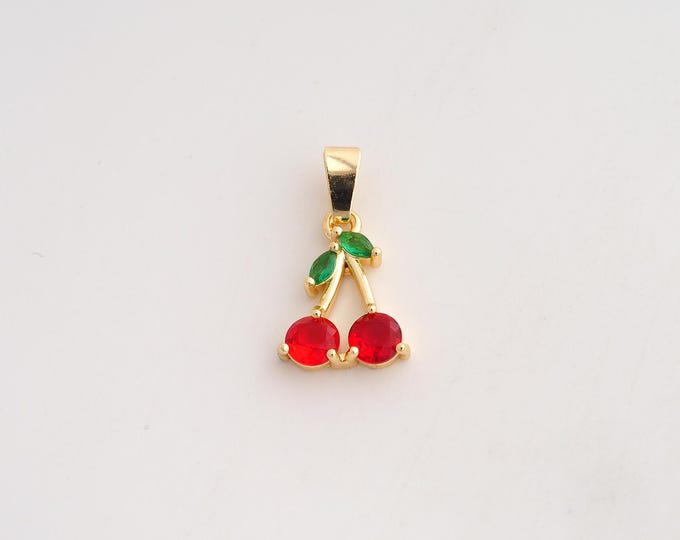 18K Gold Filled Cherry Charm,Dainty Fruit Pendant,CZ Cherry Pendant ,DIY Jewelry Supplies,22x12.3x3.6mm