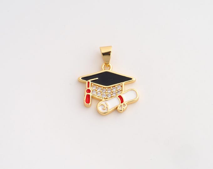 18K Gold Filled Doctoral Cap Charm,Dainty Enamel Diploma Scroll Pendant,CZ Doctoral Cap Pendant ,DIY Jewelry Supplies,20.8x18x2.2mm