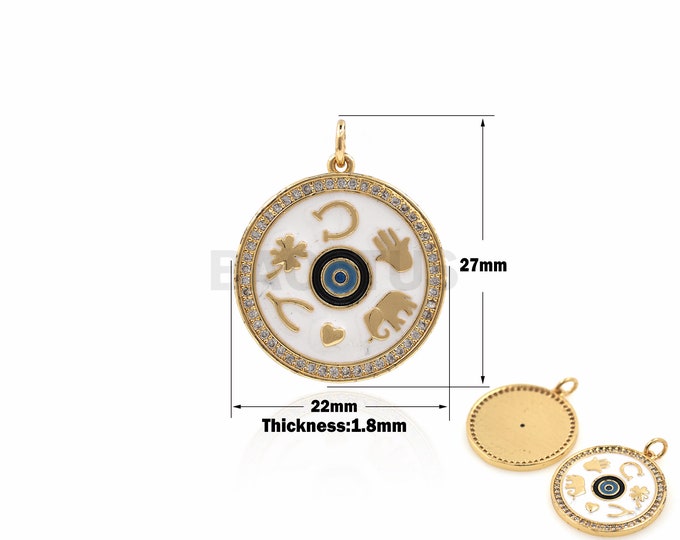1PCS Round Coin Pendant Enamel Jewelry Hamsa Palm Charm DIY Jewelry Making Accessories CZ Charm 18K Gold Filling 27x22x1.8mm