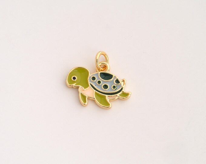 18K Gold Filled Turtle Charm,Dainty Enamel Animal Pendant,Turtle Pendant ,DIY Jewelry Supplies,15.4x17.3x1.8mm