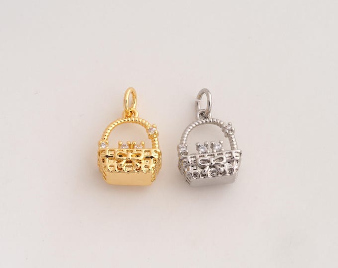 18K Gold Filled Basket Charm,Dainty Basket Pendant,CZ Basket Pendant ,DIY Jewelry Supplies,17.7x10.8x7mm