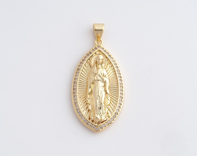 18K Gold Filled Virgin Charm, Religious Necklace, Micropavé CZ Our Lady Necklace, Maria Pendant, DIY Jewelry Supplies, 36.6x17x5mm