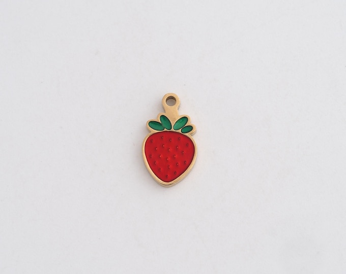 Stainless Steel Strawberry Pendant,Enamel Charms,Fruit Charm Bracelet Necklace for DIY Jewelry Making Supply,12.4x7x1.3mm
