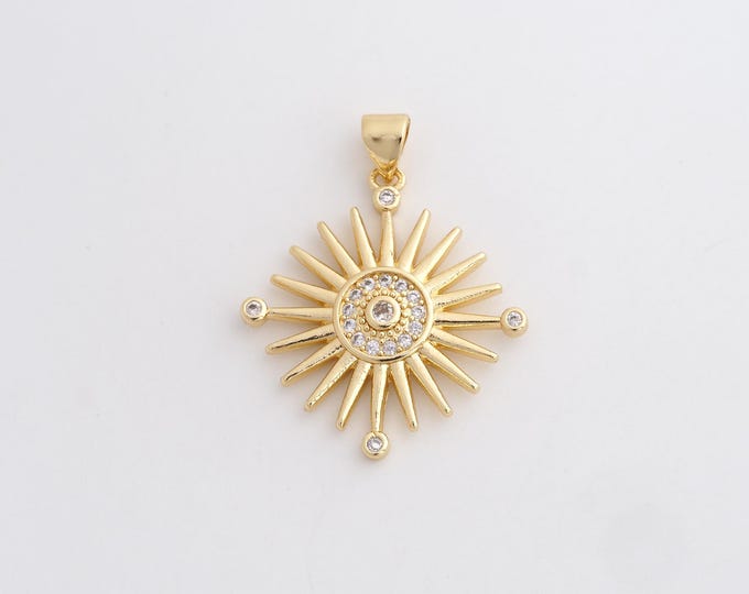 18K Gold Filled Sun Charm, Micropavé CZ Celestial Pendant,Sunburst Necklace Charm, DIY Jewelry Supplies, 31.8x25x2.7mm