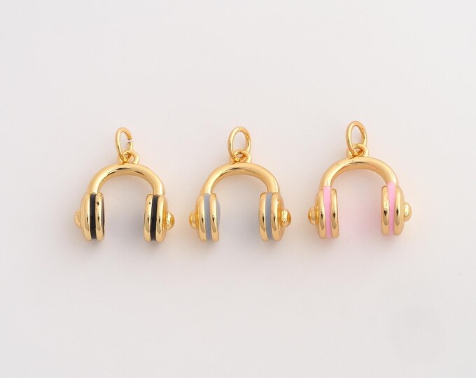 18K Gold Filled Headphone Charm, Headphone Pendant,Enamel Headphone Necklace Charm, DIY Jewelry Supplies, 18.3x14.3x7mm