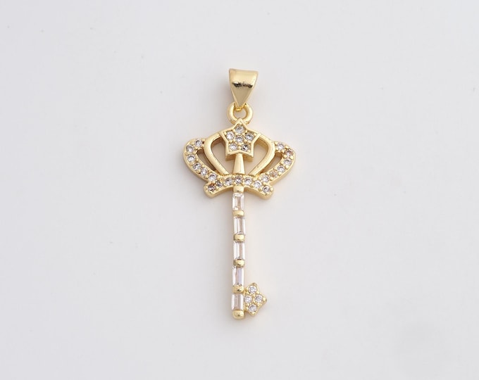 18K Gold Filled Crown Pendant, Cubic Zirconia Key Pendant, Crown Pendant, Jewelry Accessories 35.6x15.4x2.6mm
