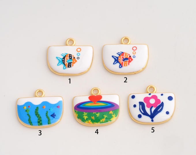 18K Gold Filled Fish Pendant,Enamel Marine Life Charms,Flower Charm DIY Jewelry Making Supply,19.5x22.7x3.7mm