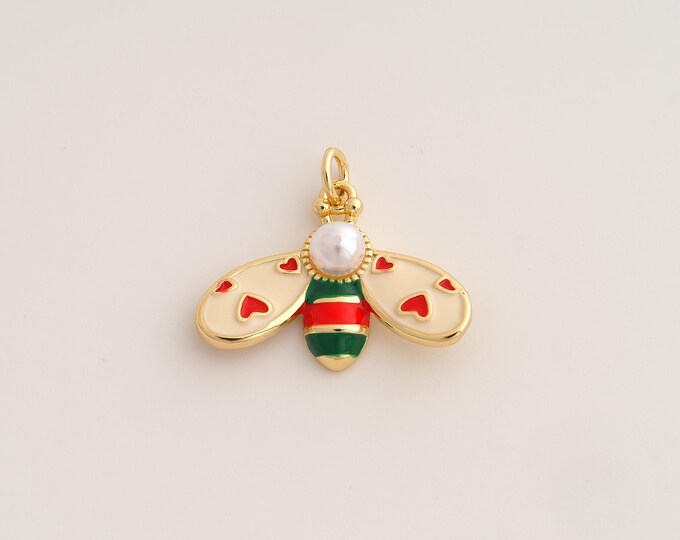 18K Gold Filled Bee Charm,Dainty Enamel Insect Pendant,Bee Pendant ,DIY Jewelry Supplies,20.6x24x5.2mm