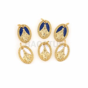 May include: Six gold-colored oval pendants with a raised image of the Virgin Mary. The pendants have a blue or white enamel background and a gold-colored border.