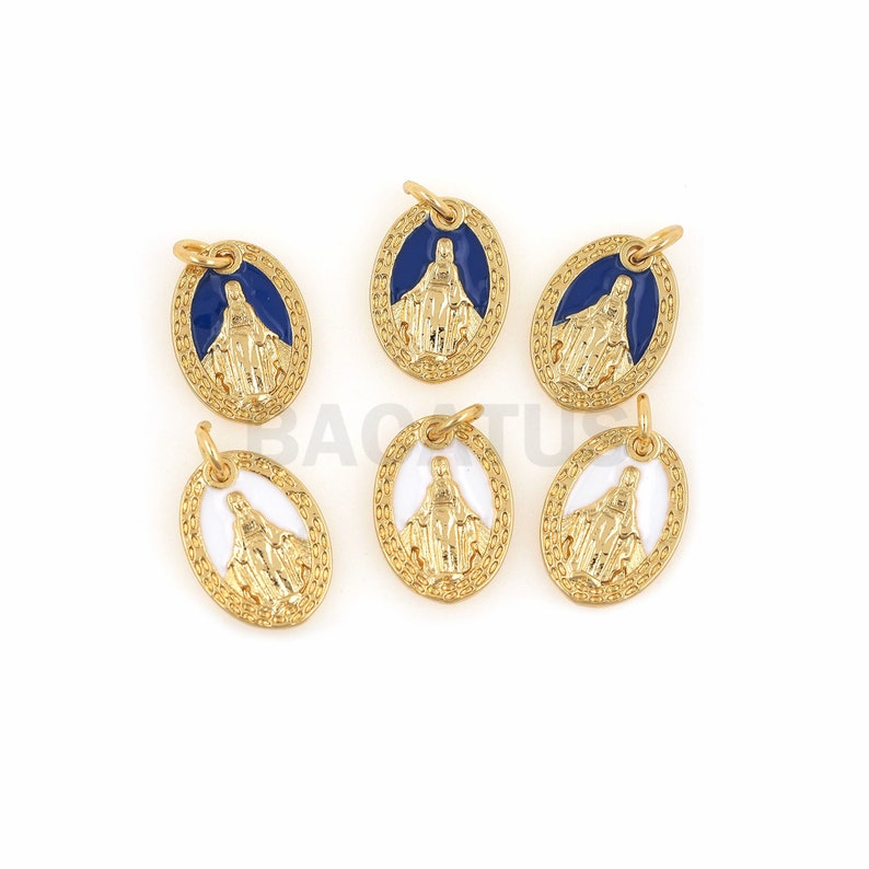 May include: Six gold-colored oval pendants with a raised image of the Virgin Mary. The pendants have a blue or white enamel background and a gold-colored border.
