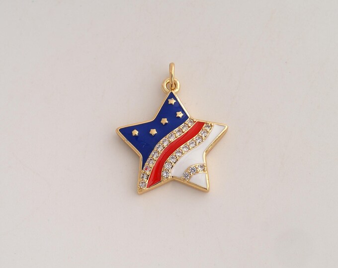 18K Gold Filled Star Charm,Dainty Enamel American Flag Pendant,CZ Starburst Pendant ,DIY Jewelry Supplies,25x20.3x3.5mm
