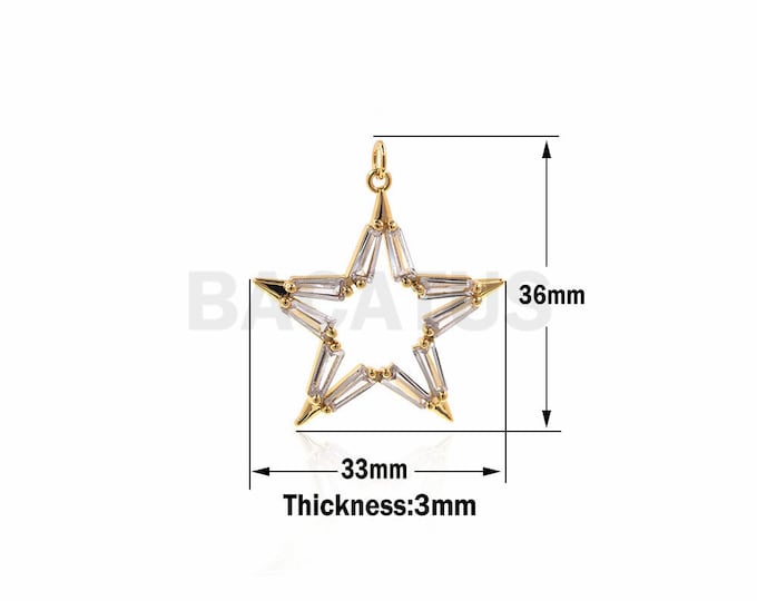 Cz  Micro Pave Star,gold Plated Star charms,pave star Earring Findings 33x36x3mm 1PCS