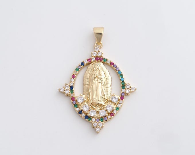 18K Gold Filled Virgin Charm, Religious Necklace, Micropavé CZ Our Lady Necklace, Maria Pendant, DIY Jewelry Supplies, 38.3x26.8x2.8mm