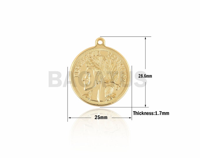 1PCS Round Coin Pendant From Ancient Greek Mythology, Coin Charm, Gold-Plated Pendant, Necklace Pendant 28.6×25×1.7mm