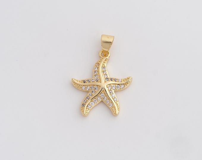 18K Gold Filled Starfish Charm, Micropavé CZ Starfish Pendant,Starfish Necklace Charm, DIY Jewelry Supplies, 24.2x17.4x3mm