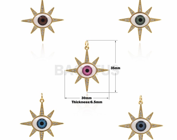 1PCS Polaris Necklace Demon Eye Pendant Star Charm Micro-Pave 18K Gold Filling Greek Eye Charm Turkish Eye CZ Charm 35x30x6.5mm
