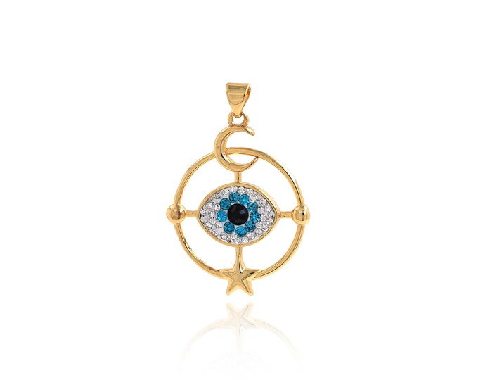 Evil Eye Pendant,18K Gold Filled Moon Star Necklace, Micropavé CZ Devil Eye Pendant, DIY jewelry Making Accessories,37.7x25.7x4mm