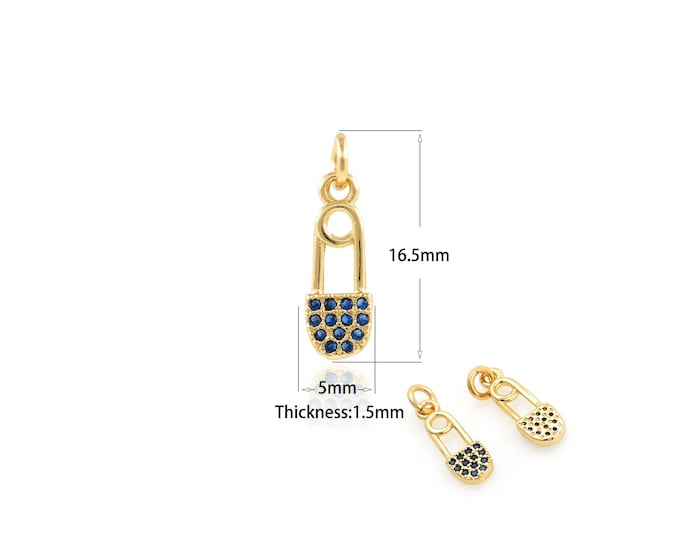 1PCS Cubic Zirconia Safety Pin, Gold Safety Pin Reinforcer Zircon Pin Jewelry DIY Dark Blue Necklace Making Supplies 4.8x16.5x1.4mm