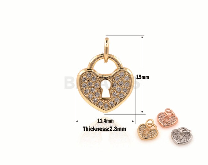 1PCS Heart Lock Necklace, Golden Lock Charm, Heart Shaped Padlock Necklace, Lock Charm, Love Lock Pendant, Micro-Pave Jewelry 15x11.4x2.3mm