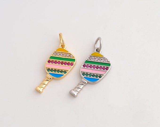 18K Gold Filled Racket Charm,Dainty Enamel Sports Pendant,CZ Racket Pendant ,DIY Jewelry Supplies,28x10.7x2.4mm