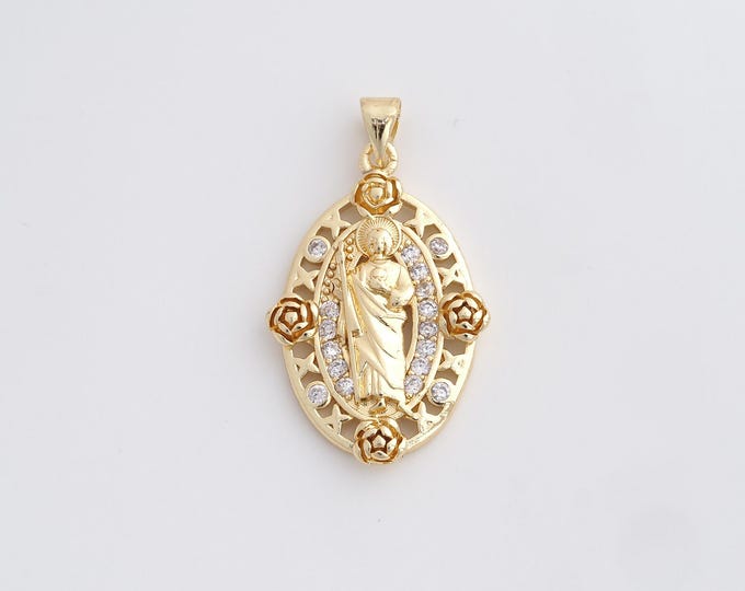 18K Gold Filled Virgin Charm, Religious Necklace, Micropavé CZ Rose Necklace, Maria Pendant, DIY Jewelry Supplies, 34.7x20x4mm