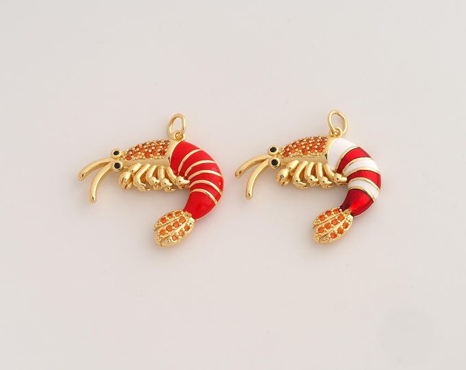 18K Gold Filled Shrimp Charm,Dainty Enamel Marine Life Pendant,CZ Shrimp Pendant ,DIY Jewelry Supplies,26x27x4.4mm