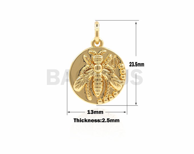 1PCS  Round Bee Pendant, Gold-Plated Queen Bee Pendant, Bee Coin Brass, DIY Jewelry Making 23.5×13×2.5mm