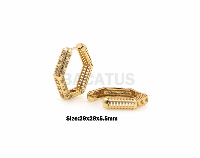 Hexagonal Earrings Open Hexagonal Earrings Cubic Zirconia Geometric Earrings Delicate Earrings Women's Jewelry 18K 29x28x5.5mm 1 Pair
