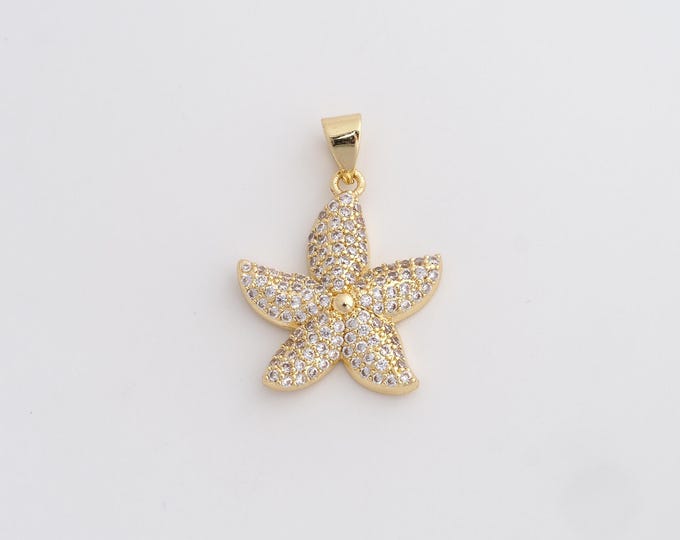 18K Gold Filled Starfish Charm, Micropavé CZ Starfish Pendant,Starfish Necklace Charm, DIY Jewelry Supplies, 25.6x18x3.6mm